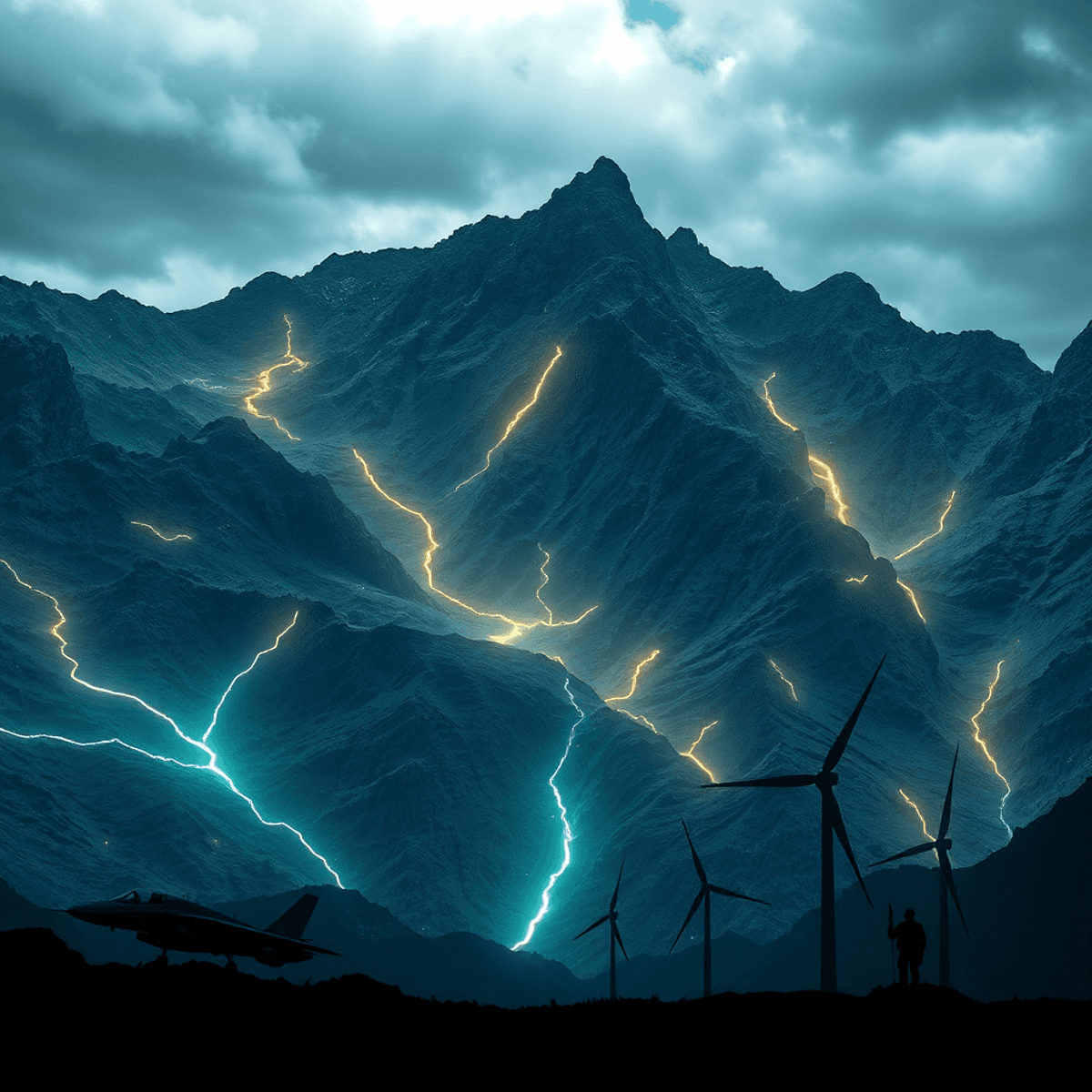 Dramatic mountain landscape with glowing mineral veins, silhouetted fighter jets and wind turbines, under a moody sky symbolizing strategic resourc...