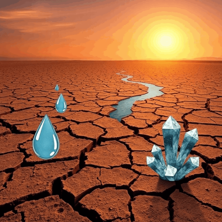 Dry cracked earth under harsh sun with fading water droplets and emerging stylized mineral crystals, symbolizing drought and mineral extraction for...