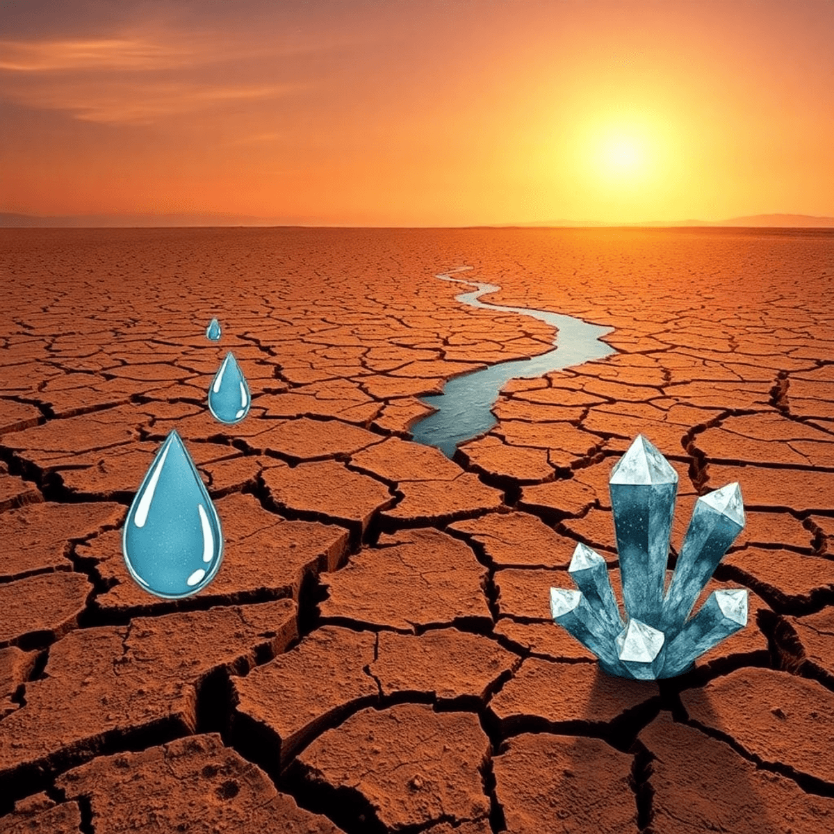 Dry cracked earth under harsh sun with fading water droplets and emerging stylized mineral crystals, symbolizing drought and mineral extraction for...