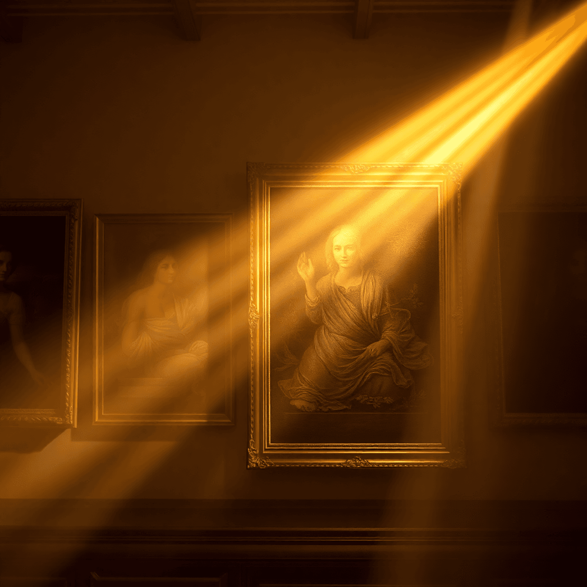 Elegant Renaissance-style paintings in ornate frames illuminated by soft golden light beams, highlighting textured canvases and evoking timeless ar...