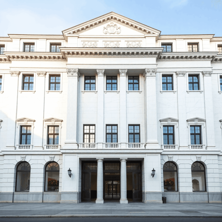 Elegant classical building facade in white marble with symmetrical design and intricate details, illuminated by soft natural light.