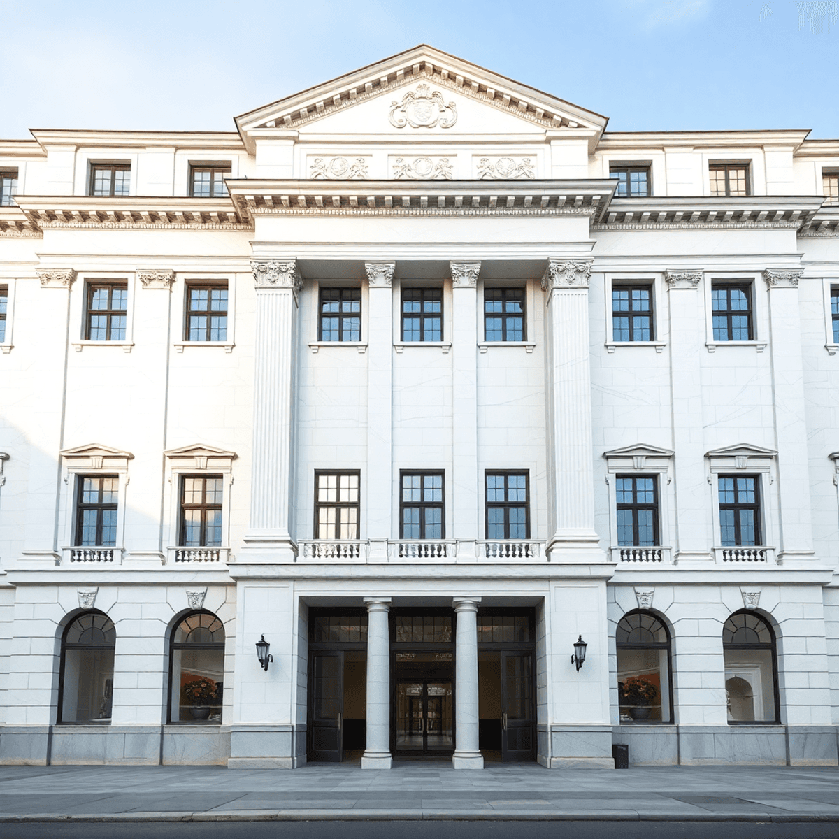 Elegant classical building facade in white marble with symmetrical design and intricate details, illuminated by soft natural light.