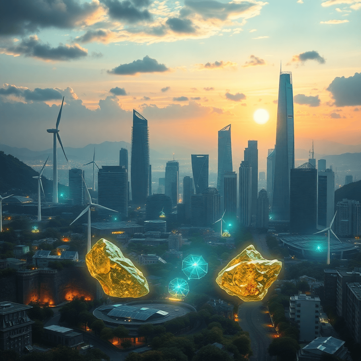 Futuristic city skyline with wind turbines, solar panels, and glowing abstract mineral formations symbolizing rare earth metals, blending nature an...