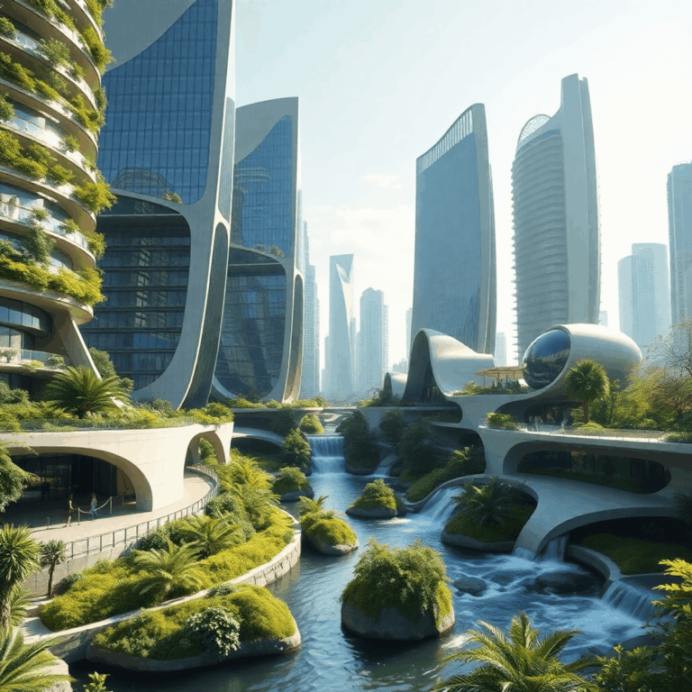Futuristic cityscape with sleek eco-friendly buildings, lush greenery, flowing water, and dynamic natural light showcasing sustainable urban design.