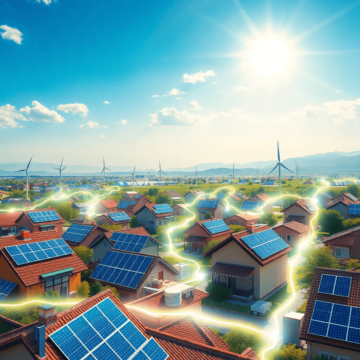 Futuristic community with solar panels, wind turbines, and battery units connected by glowing energy lines under a bright, sustainable sky.