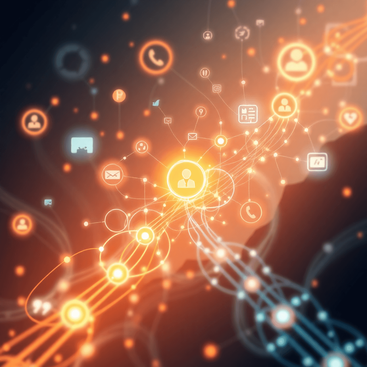 Futuristic digital landscape with glowing network connections, data streams, and icons for communication and technology, blending subtle human silh...