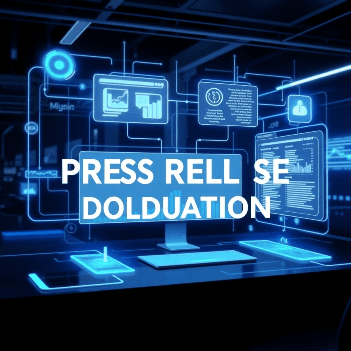 Futuristic digital workspace with glowing blue and white holographic interfaces displaying data analysis and communication flow in a sleek, modern ...
