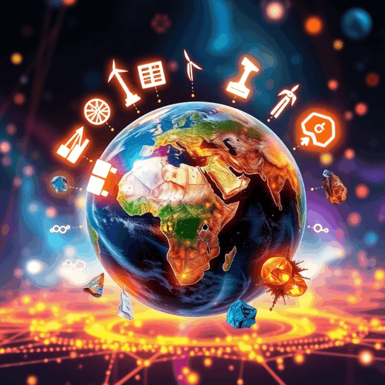 Futuristic globe with glowing renewable energy symbols and mineral icons, set against a vibrant background of global connectivity and shifting powe...