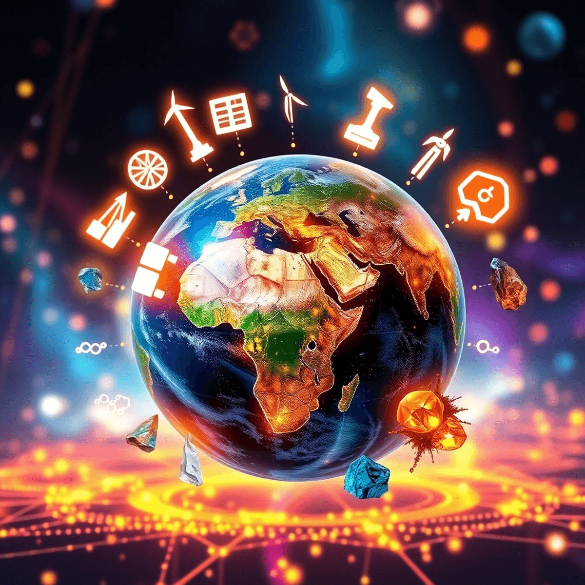 Futuristic globe with glowing renewable energy symbols and mineral icons, set against a vibrant background of global connectivity and shifting powe...