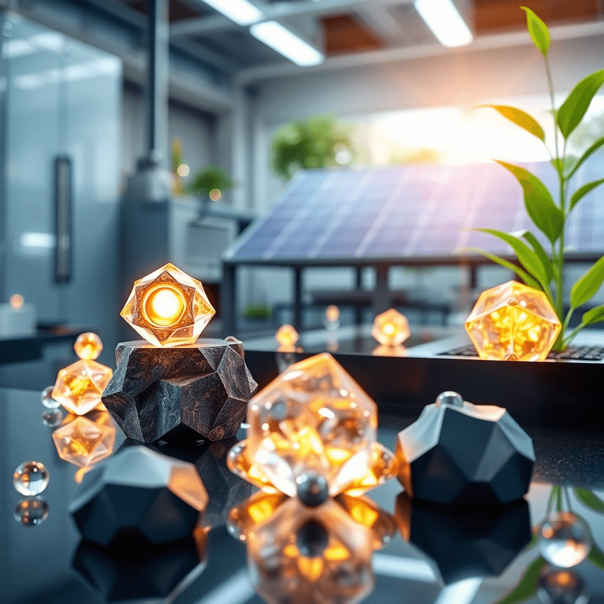 Futuristic lab with glowing nanomaterials, crystalline structures, energy flow visuals, solar panels, and green plants symbolizing advanced materia...