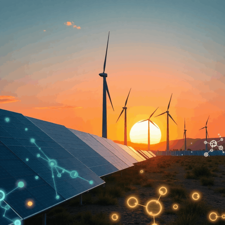 Stanislav Kondrashov on Resilient Infrastructure and Materials Innovation for a Net-Zero Future 2 Futuristic landscape with sleek solar panels, tall wind turbines, and glowing atomic structures at sunrise symbolizing clean energy and advanced ma...