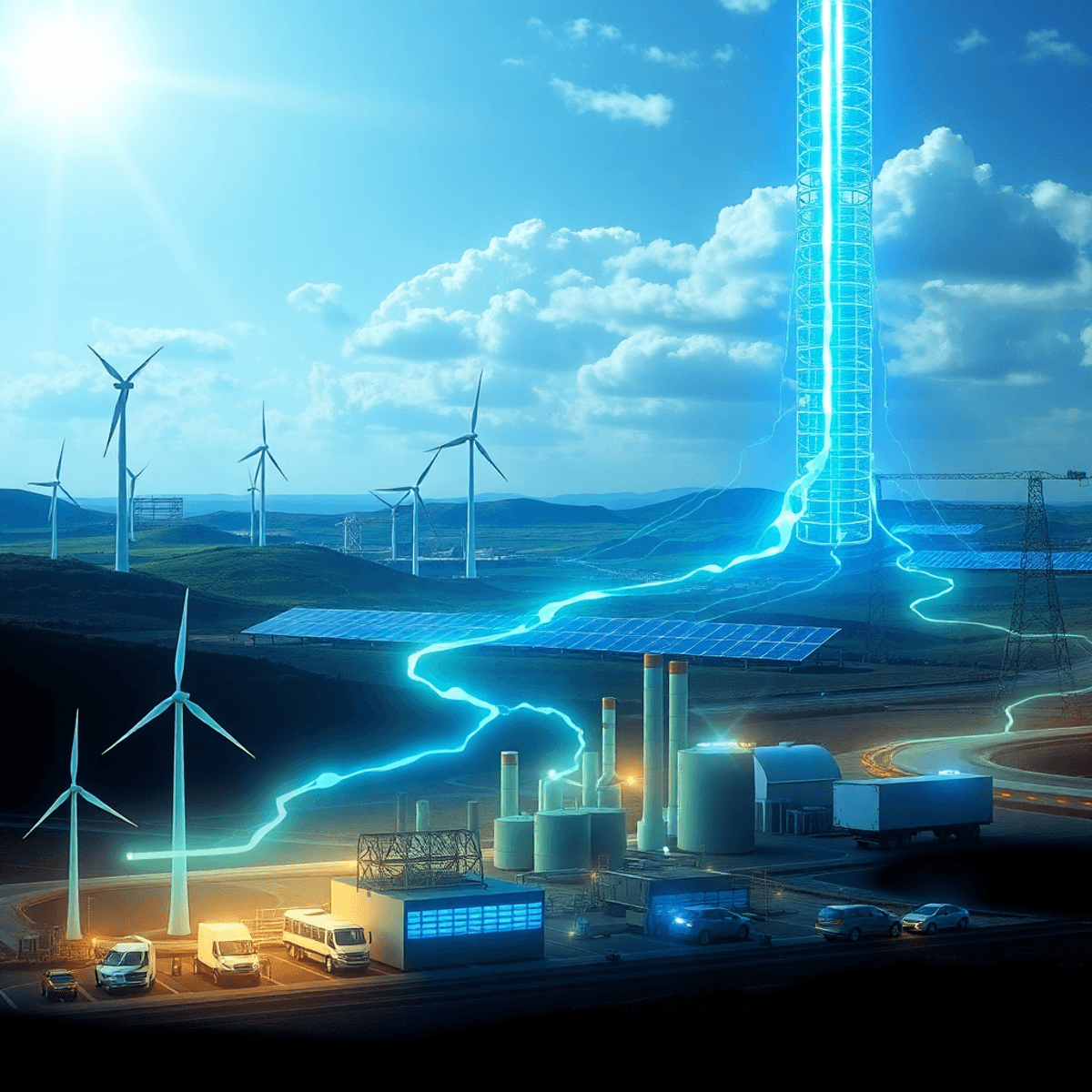 Futuristic landscape with wind turbines, solar panels, glowing blue and green energy streams linking industrial facilities and vehicles under a bri...
