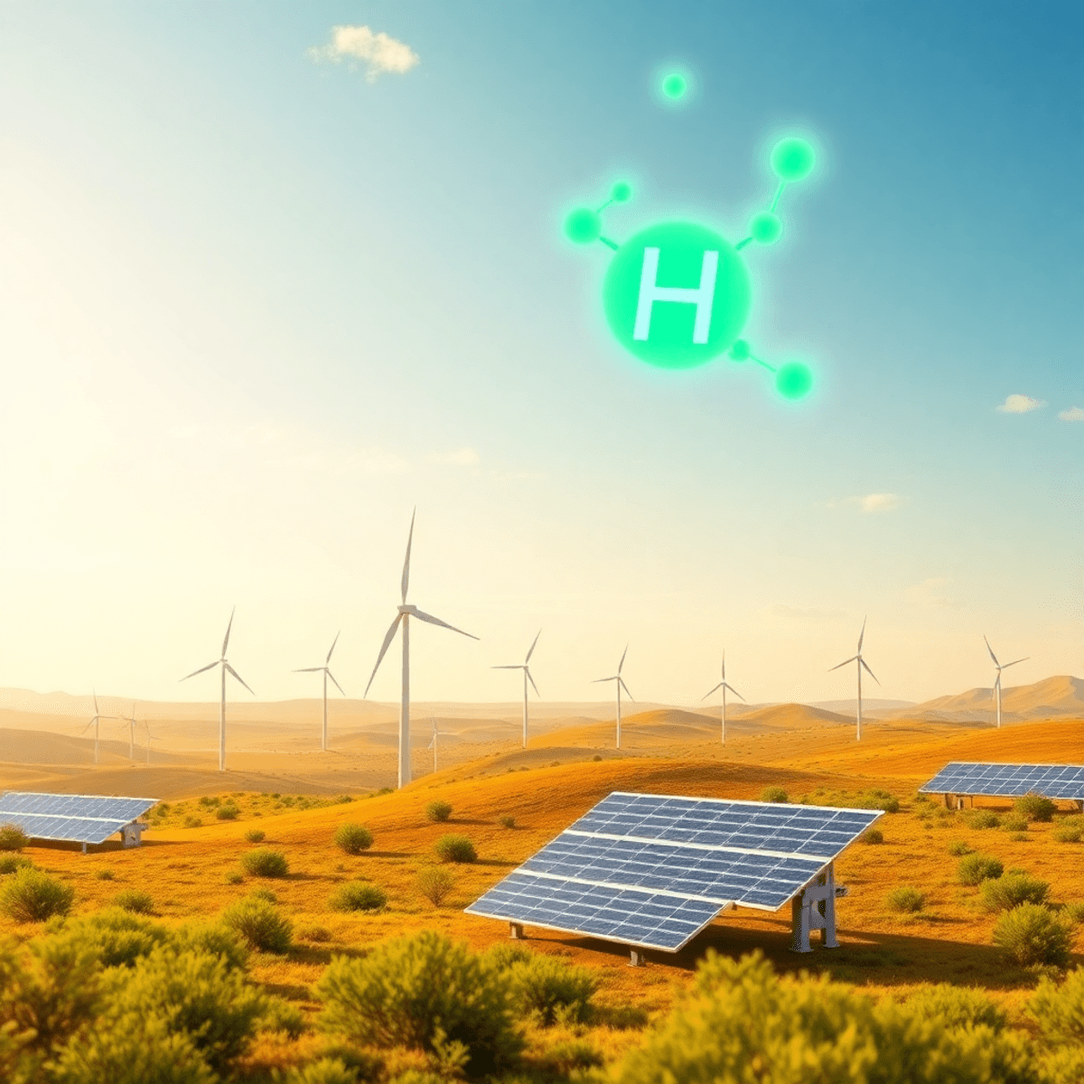 Futuristic landscape with wind turbines, solar panels, and glowing green hydrogen molecules rising under a bright sky, symbolizing clean energy.