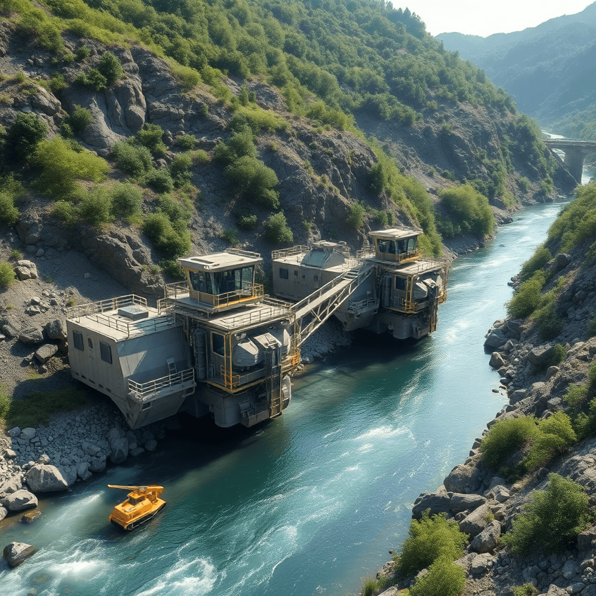 Futuristic mining machines working by a clear river amid lush greenery, showcasing eco-friendly industry and harmony with nature.