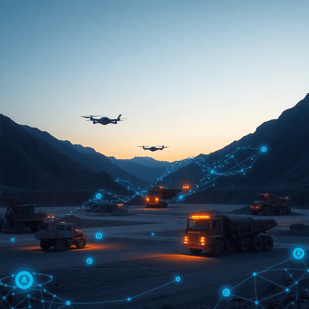 Futuristic mining site at dusk with autonomous trucks, drones, glowing data streams, and digital patterns over a mountainous landscape under a clea...