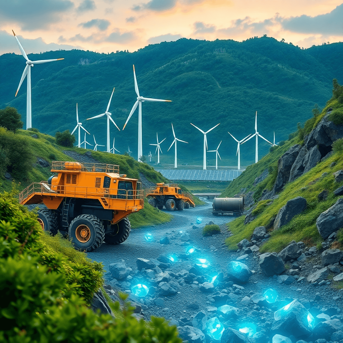 Futuristic mining site with eco-friendly equipment, lush greenery, wind turbines, solar panels, and glowing mineral deposits in a harmonious natura...