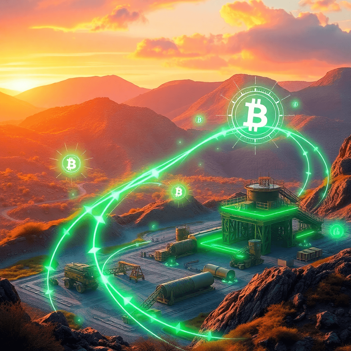 Futuristic mining site with glowing green energy streams and digital blockchain symbols amid a vibrant natural landscape, highlighting sustainable ...