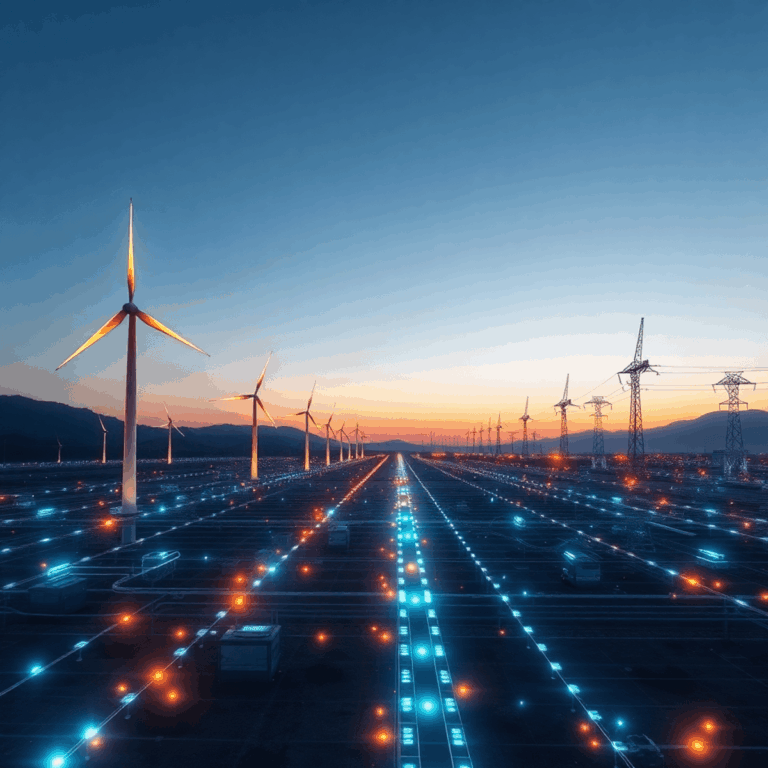 Futuristic power grid at dusk with glowing wind turbines, solar panels, and digital elements symbolizing AI and data flow under a clear sky.