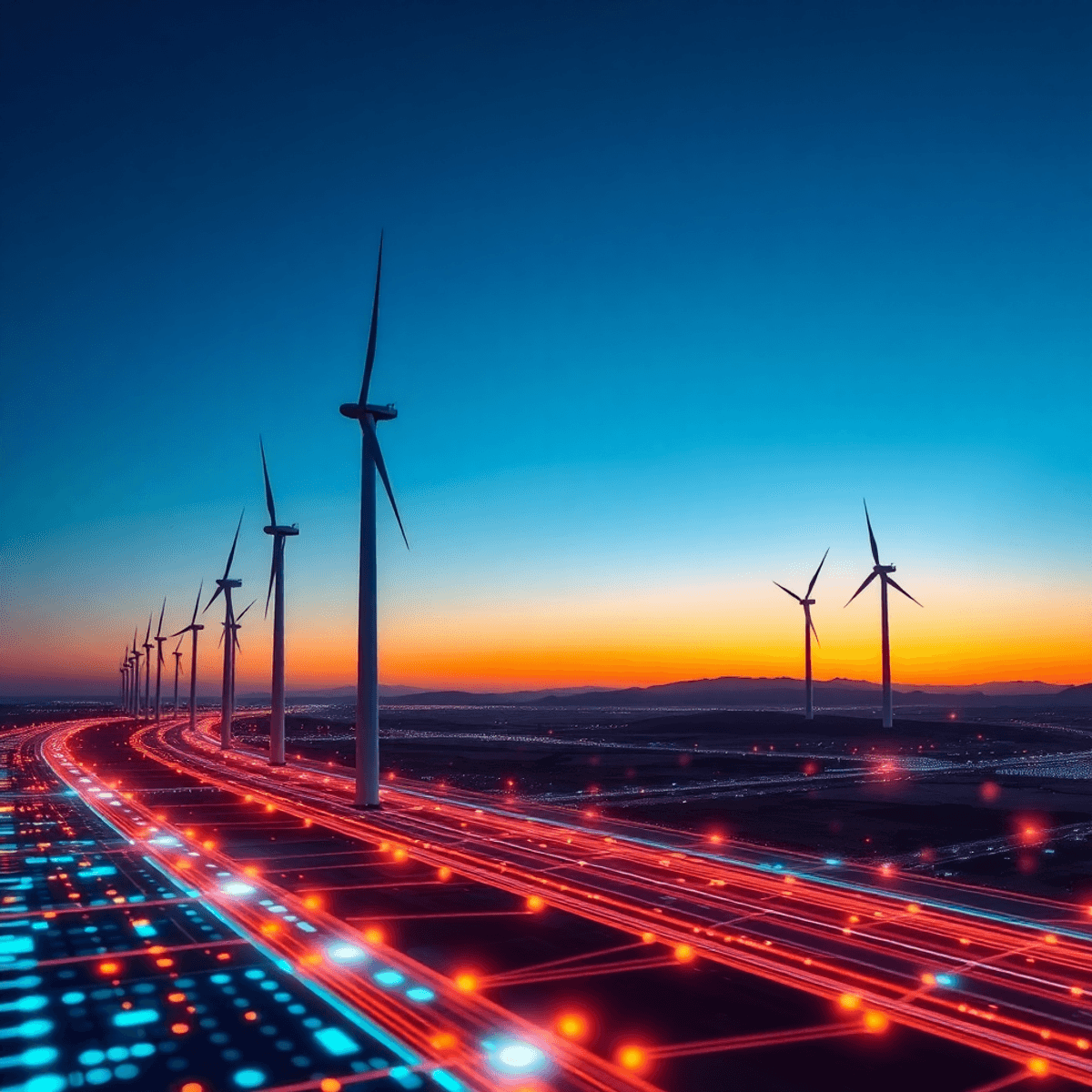 Futuristic wind farm at sunset with sleek turbines, glowing digital data streams, and holographic circuits symbolizing AI in renewable energy maint...