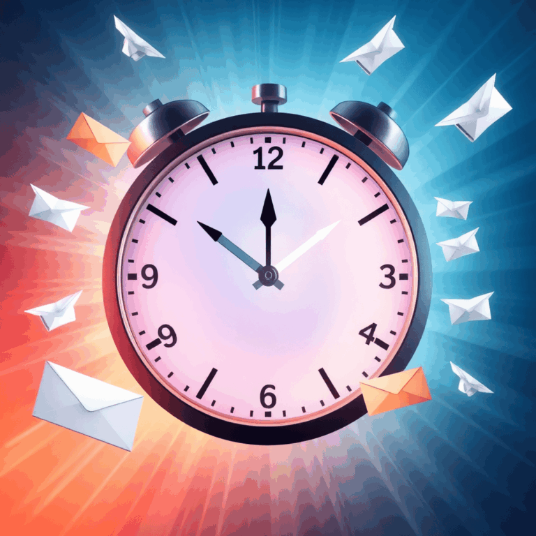 The Importance of Timing: When to Send Your Press Release 10 Glowing clock face with abstract arrows, surrounded by envelopes and paper airplanes flying upward on a bright, dynamic background symbolizing perf...