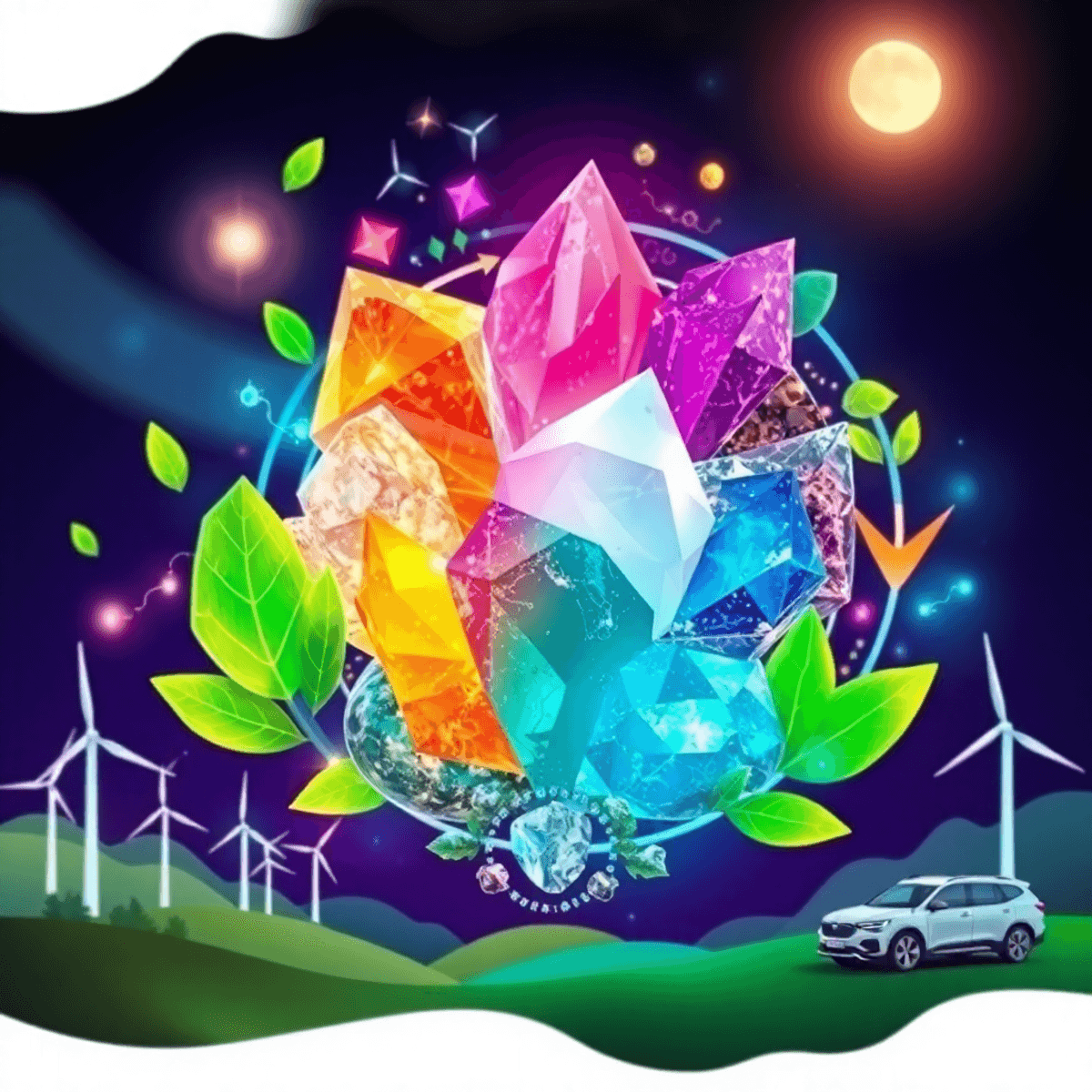 Glowing colorful crystals intertwined with green leaves and circular arrows, set against wind turbines and electric vehicles in a vibrant futuristi...