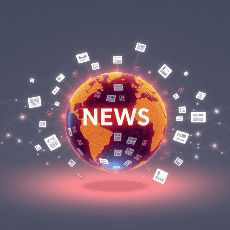 Glowing globe with floating news icons and abstract AI data streams on a clean, modern background, symbolizing global information flow and advanced...