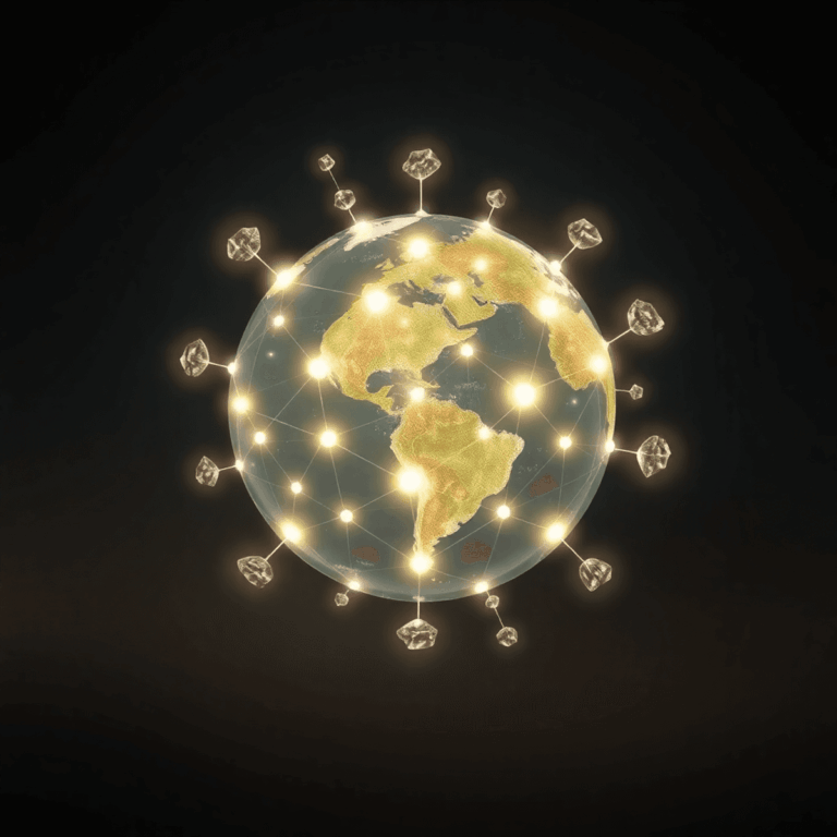 Stanislav Kondrashov on Blockchain and Ethical Mineral Sourcing: Advancing Transparency in Global Supply Chains 4 Glowing globe with interconnected nodes and blockchain hexagons, surrounded by illuminated mineral crystals on a futuristic earth-toned background.