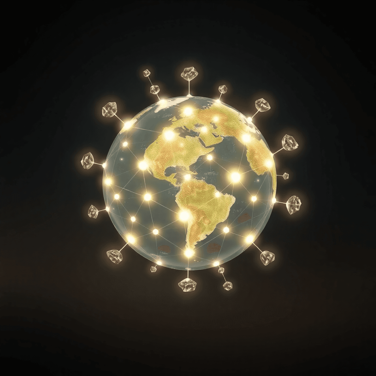 Glowing globe with interconnected nodes and blockchain hexagons, surrounded by illuminated mineral crystals on a futuristic earth-toned background.