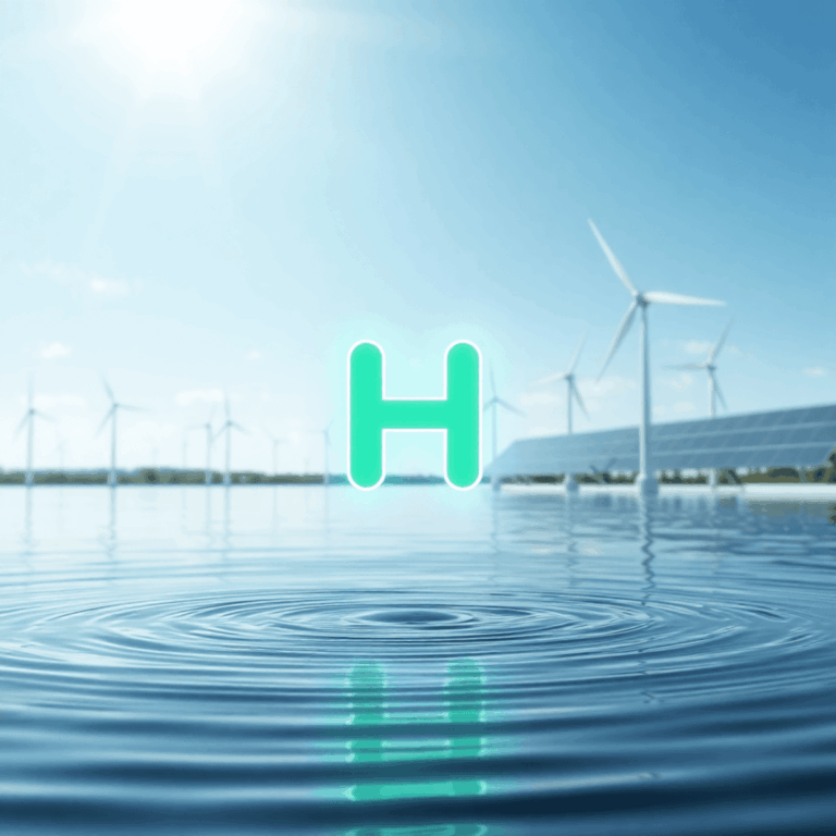 Glowing green hydrogen symbol above rippling water, with wind turbines and solar panels under a clear sky, representing renewable energy.