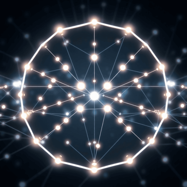Glowing interconnected nodes and chains forming a transparent blockchain with radiating communication waves in a sleek, modern digital network.