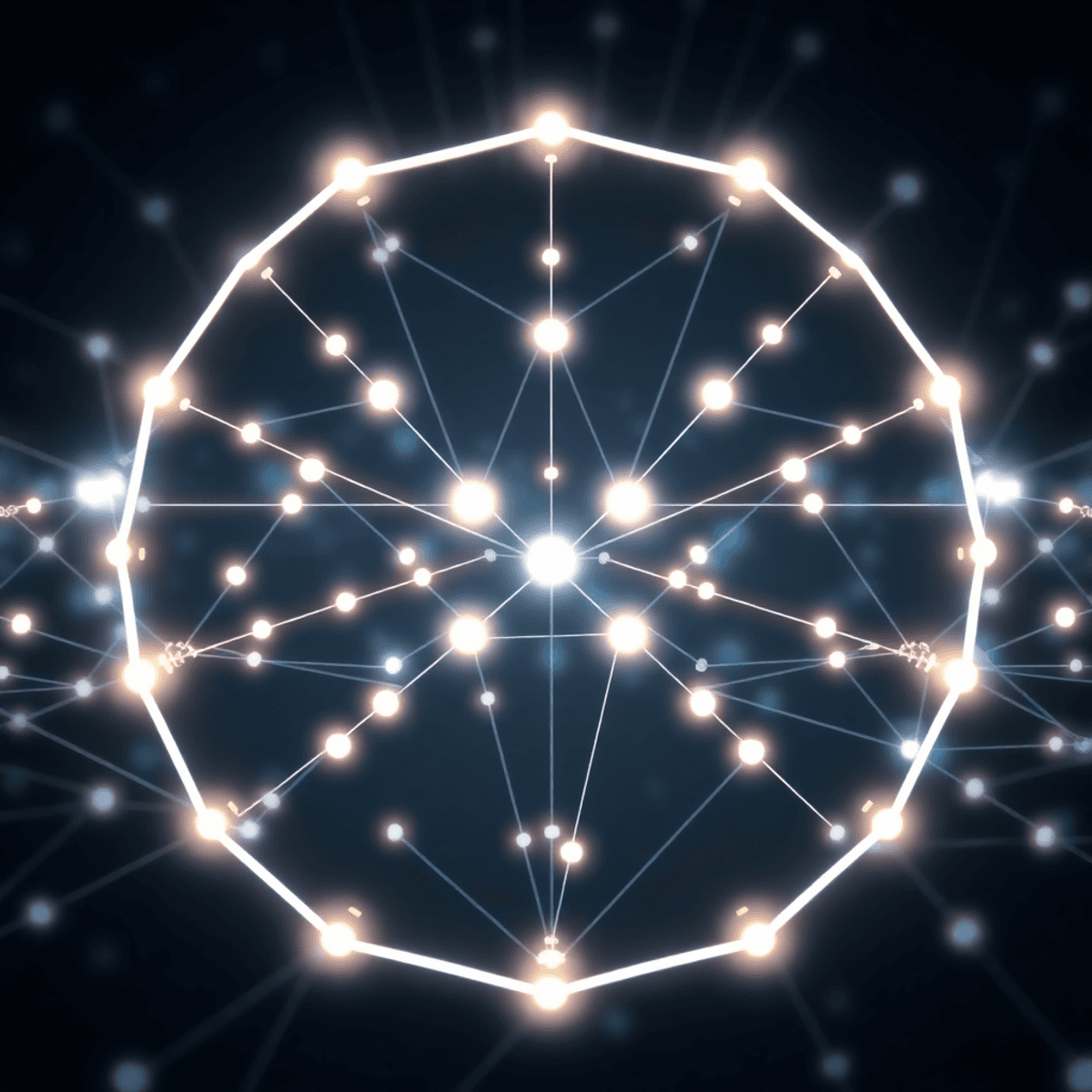 Glowing interconnected nodes and chains forming a transparent blockchain with radiating communication waves in a sleek, modern digital network.