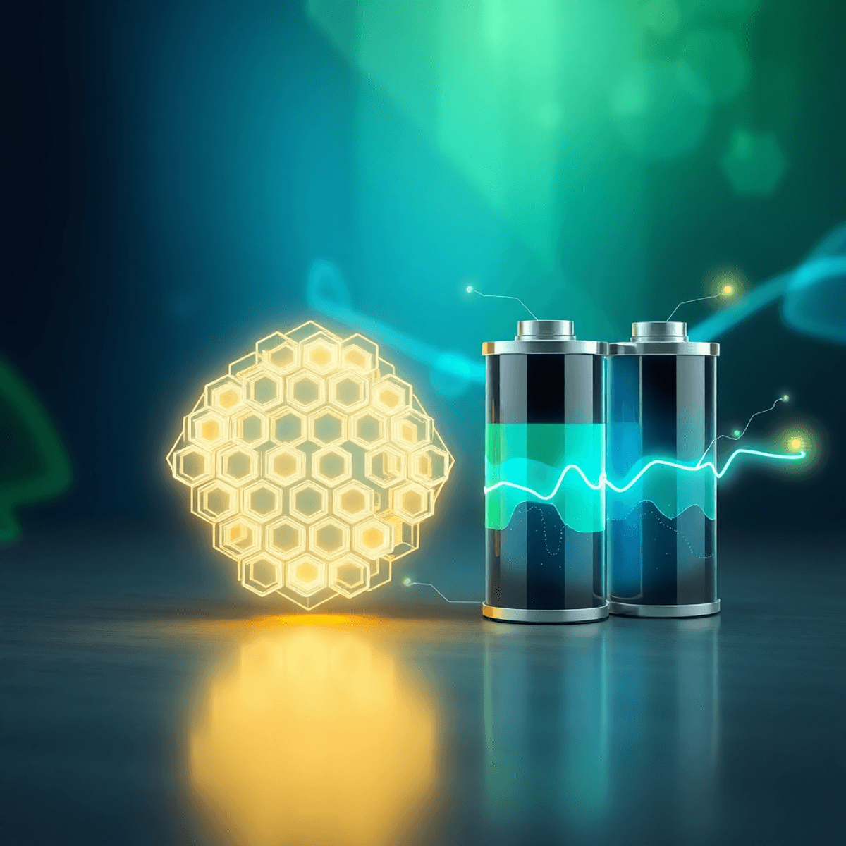 Glowing layered honeycomb and sleek batteries with dynamic energy flows on a vibrant blue-green abstract background symbolizing advanced energy sto...