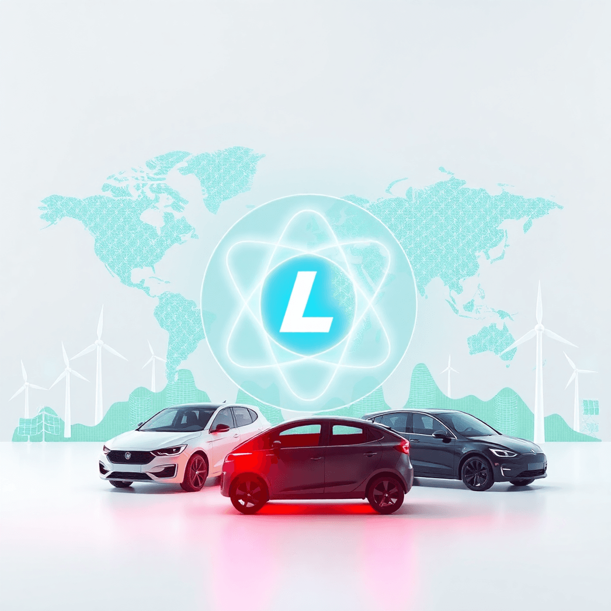 Glowing lithium atom symbol surrounded by electric vehicles, wind turbines, solar panels, and global maps on a bright, futuristic background.