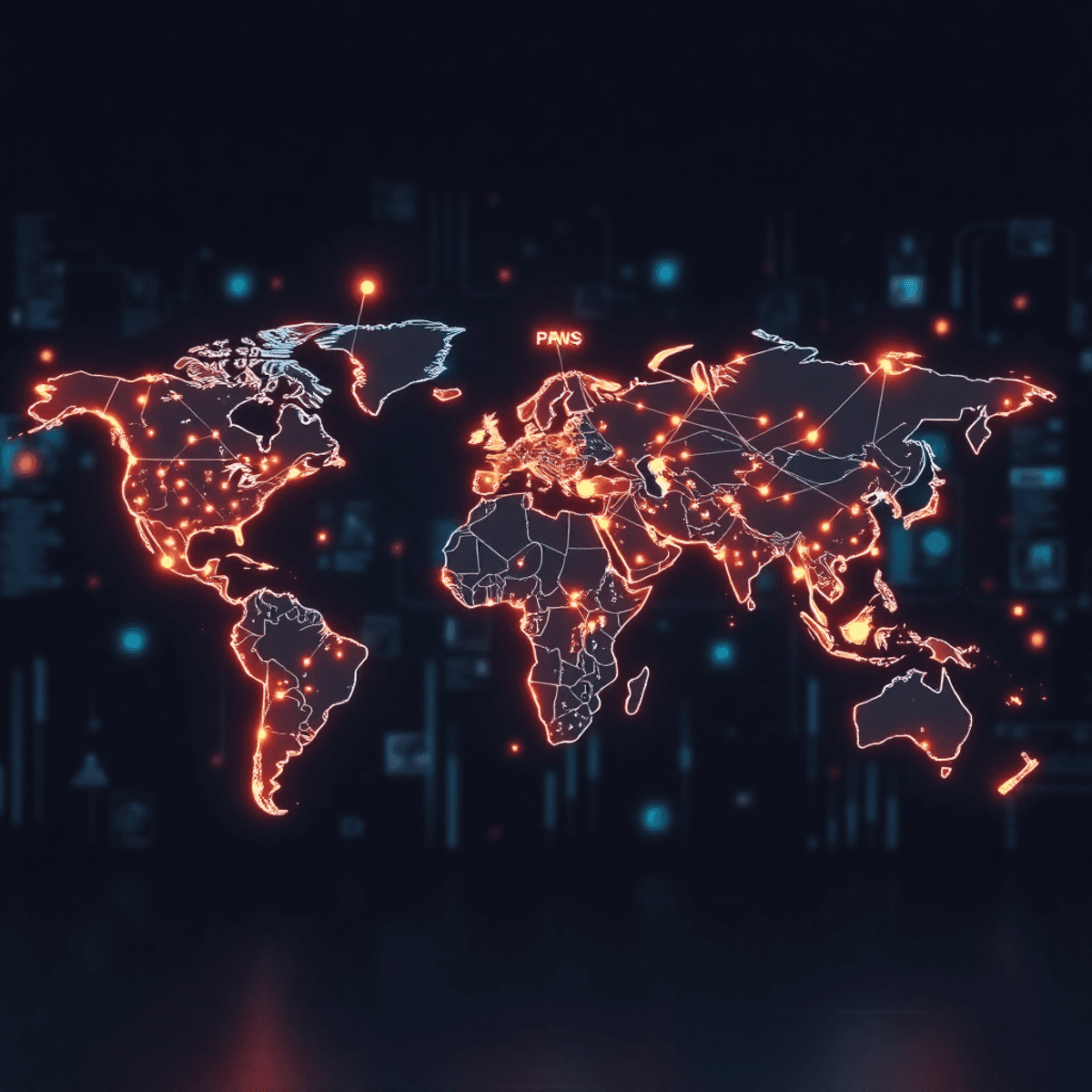Glowing world map with interconnected lines and nodes on a digital background featuring abstract media and connectivity icons.