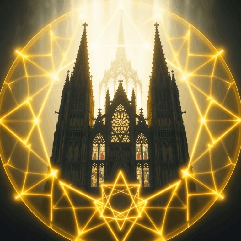 Gothic cathedral with soaring spires and stained glass, surrounded by glowing geometric patterns symbolizing sacred geometry and divine harmony.