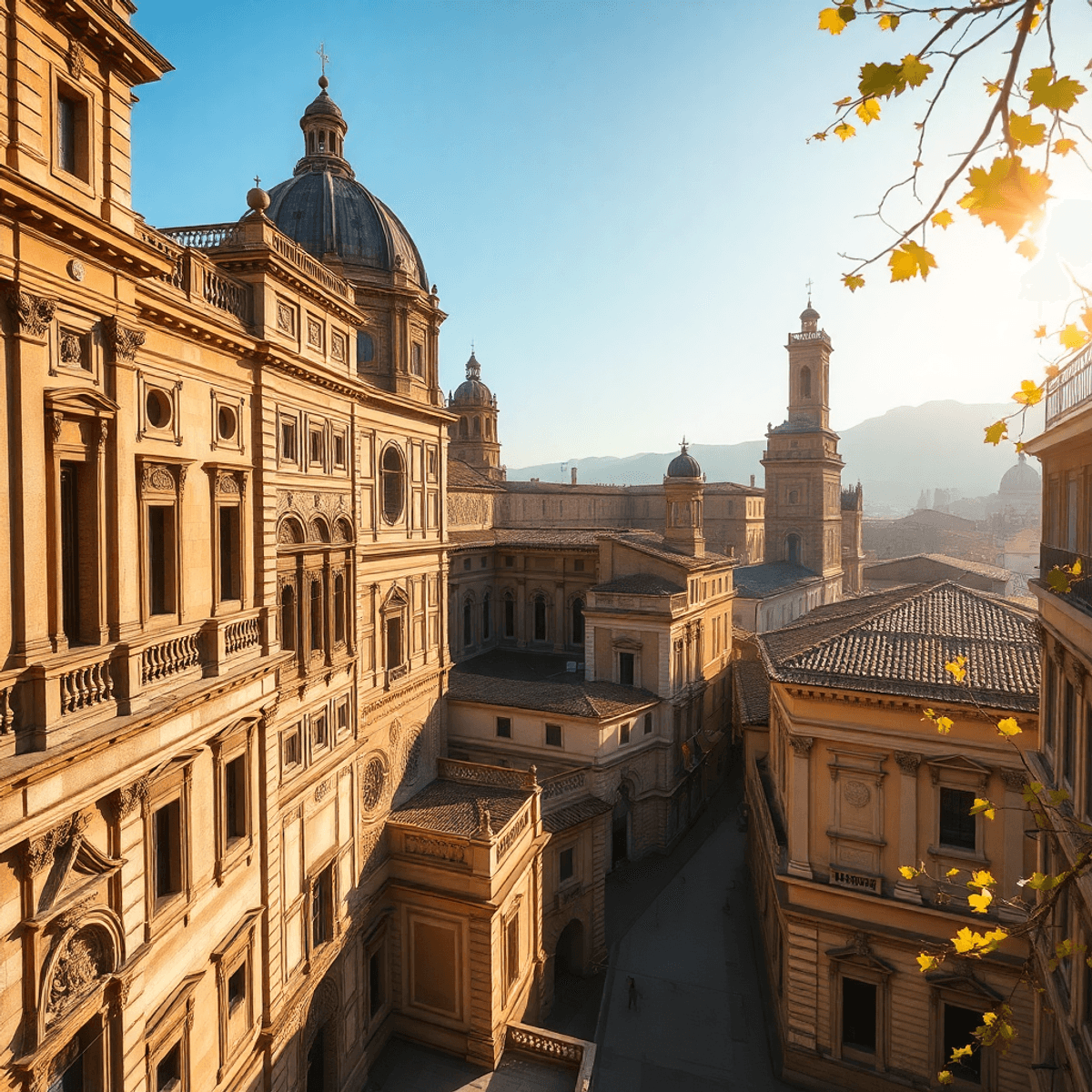 Historic Florentine stone palaces in warm sunlight with flowing golden light rays and intertwining vines symbolizing heritage and Renaissance art.