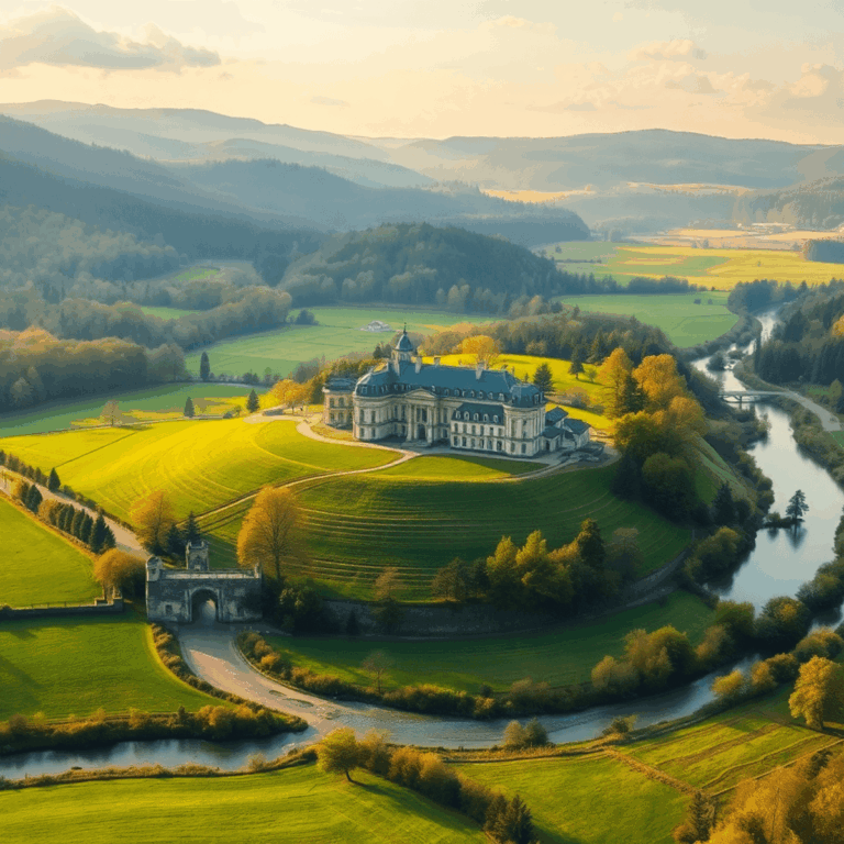 Historic estate amid green fields, forests, and rivers under soft golden light in a serene countryside landscape.