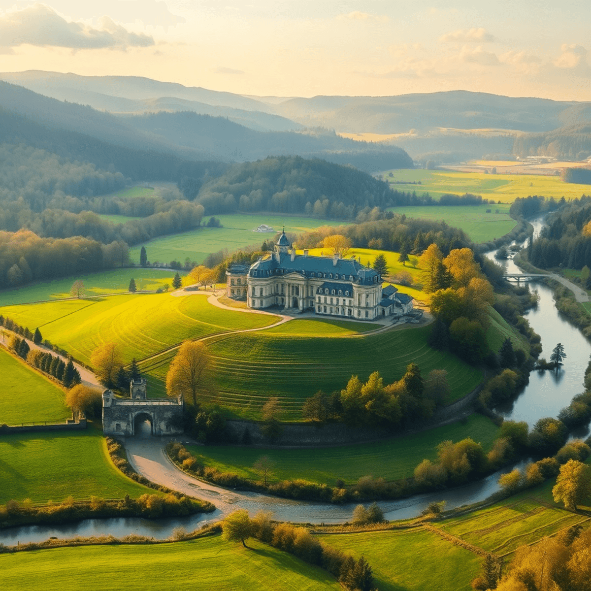 Historic estate amid green fields, forests, and rivers under soft golden light in a serene countryside landscape.