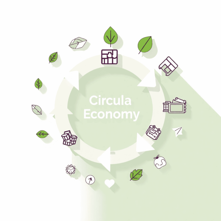 Illustration of a circular economy with interconnected arrows looping around eco-friendly symbols like leaves and recycled materials on a bright ba...