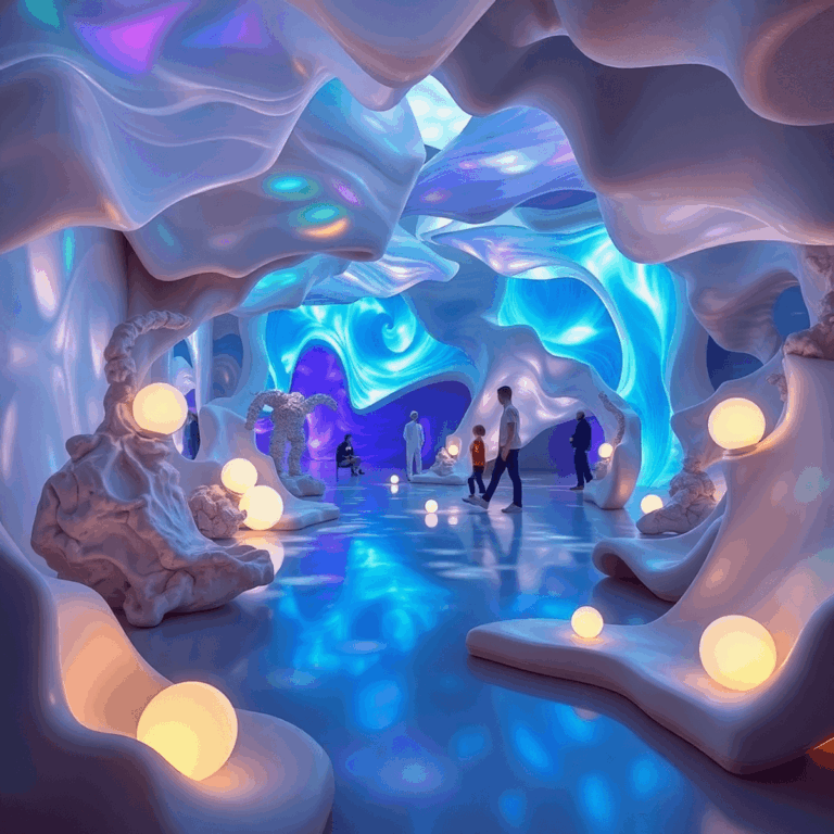 Immersive art space with abstract sculptures, dynamic lights, flowing textures, and glowing orbs creating a sense of interaction and transformation.