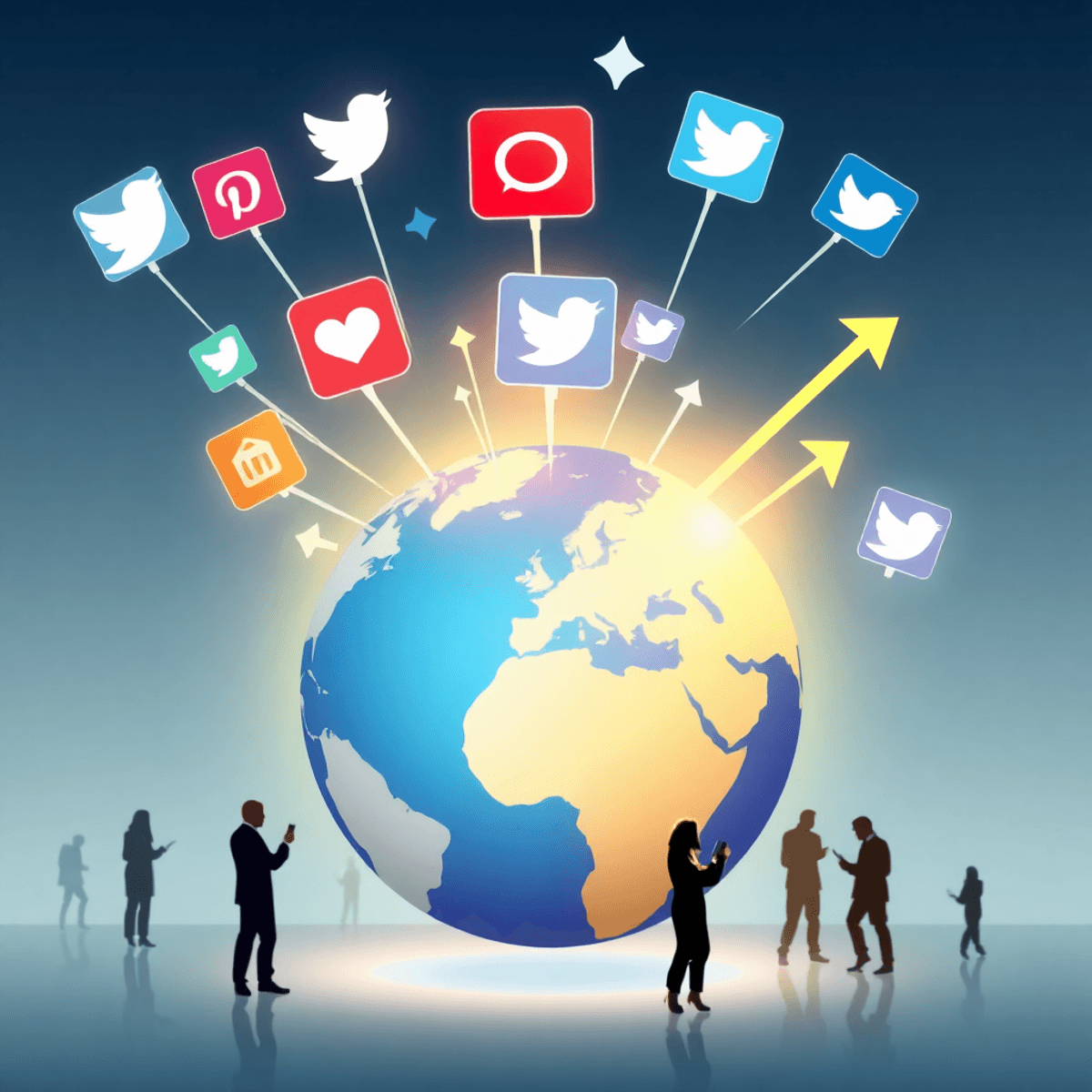 Interconnected social media icons float above an abstract globe with bright arrows radiating outward, silhouettes of people using devices in the ba...