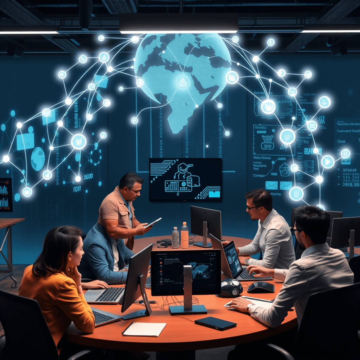 Journalists collaborating in a modern newsroom with digital devices and glowing network icons symbolizing global communication and data exchange.