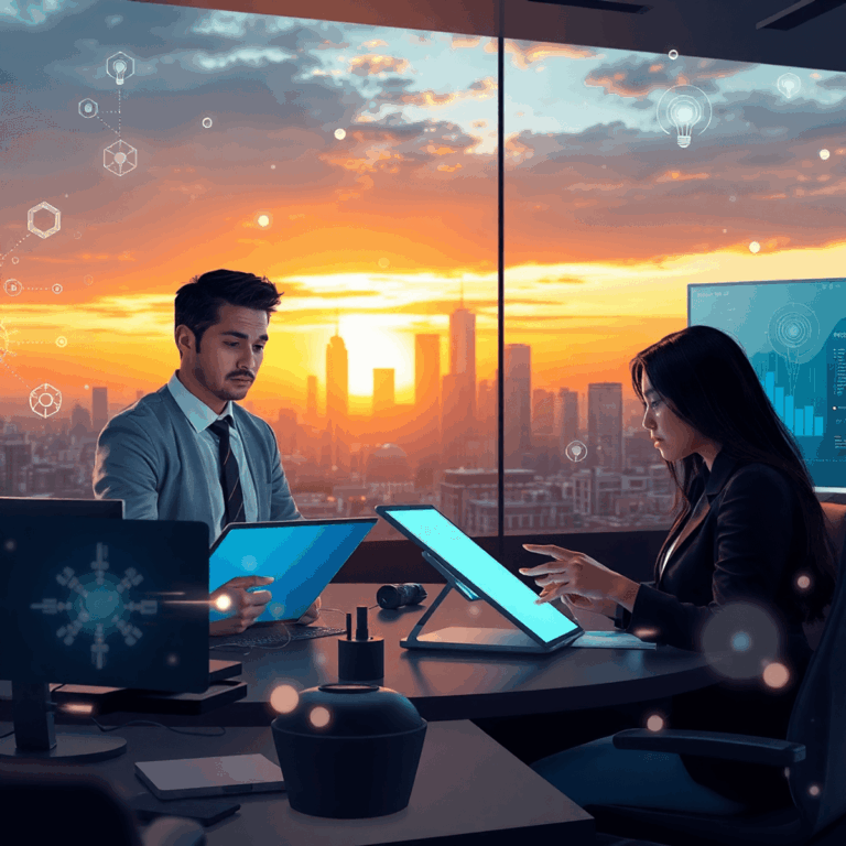 Industry Trends: The Most In-Demand Topics for Journalists in 2025 2 Journalists collaborating in a modern newsroom with futuristic devices and glowing digital data streams, city skyline at dawn in the background.
