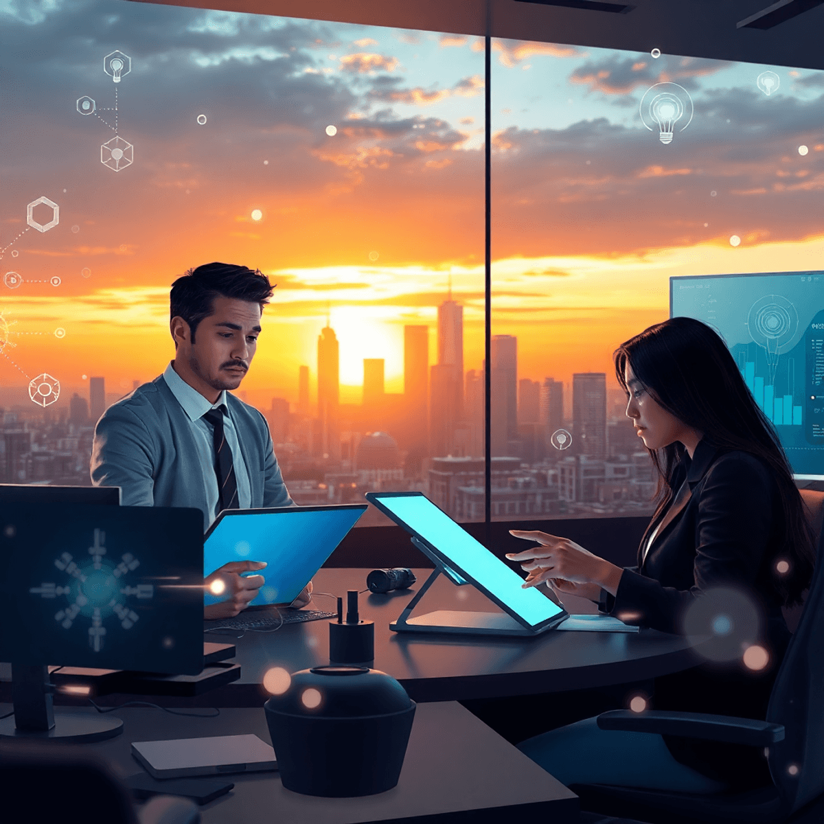 Journalists collaborating in a modern newsroom with futuristic devices and glowing digital data streams, city skyline at dawn in the background.