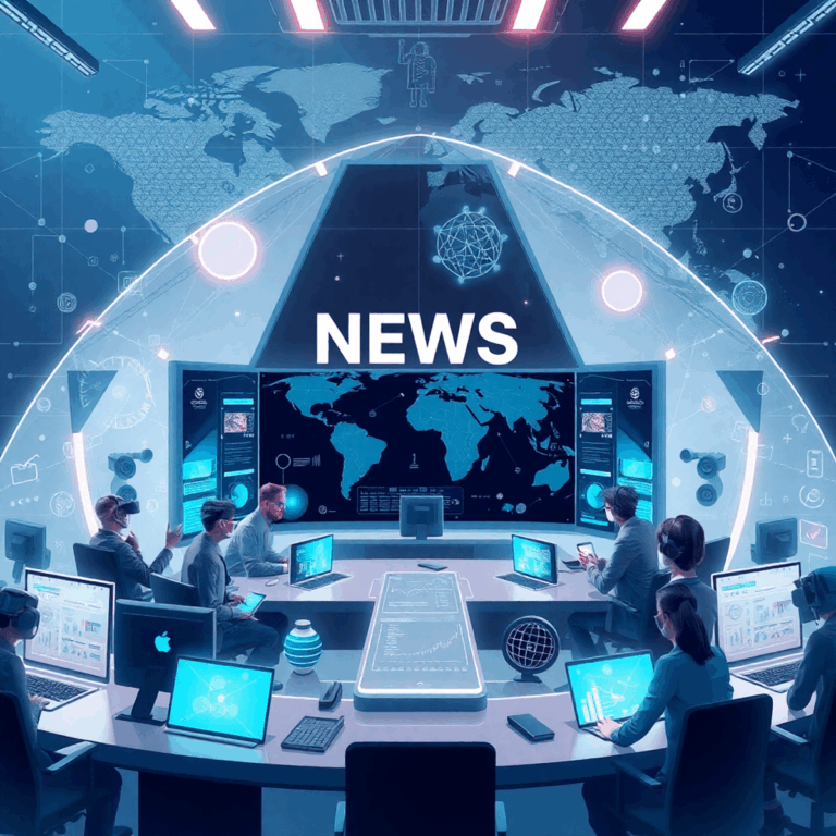 Emerging Technologies Changing the Way We Distribute News 7 Journalists in a futuristic newsroom using holographic displays and VR headsets, surrounded by digital icons and a global network map backdrop.