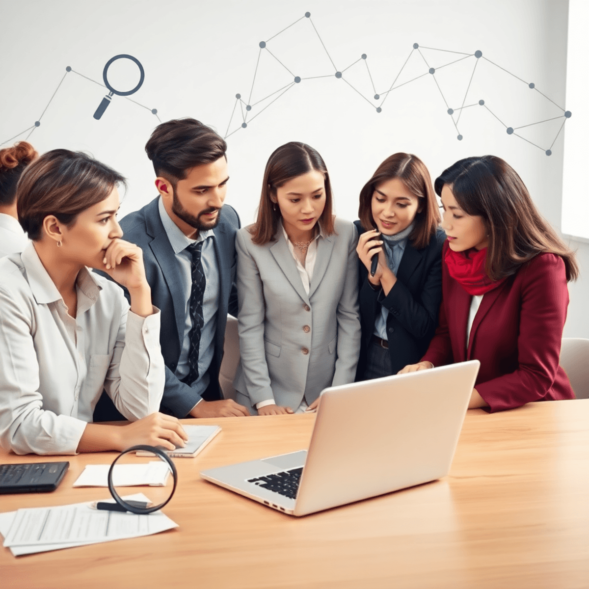 Journalists in a modern workspace discussing data charts on a laptop, surrounded by magnifying glasses and network lines symbolizing media outreach.