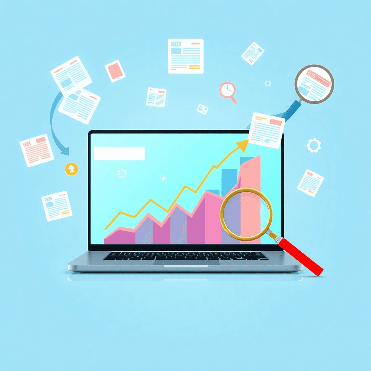 Laptop on desk showing upward graphs, surrounded by floating news and search icons, representing press release optimization and SEO success in a br...