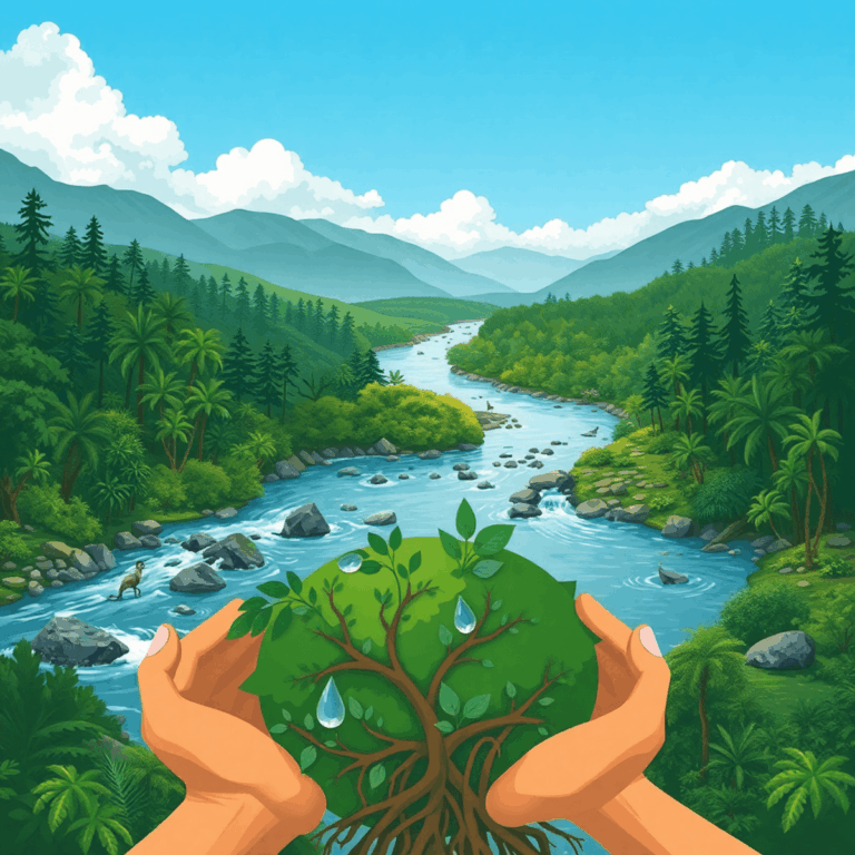 The Role of Indigenous Knowledge in Sustainable Resource Management by Stanislav Kondrashov 10 Lush forest and flowing river with diverse wildlife, featuring abstract roots and hands holding earth, symbolizing harmony and sustainable nature c...