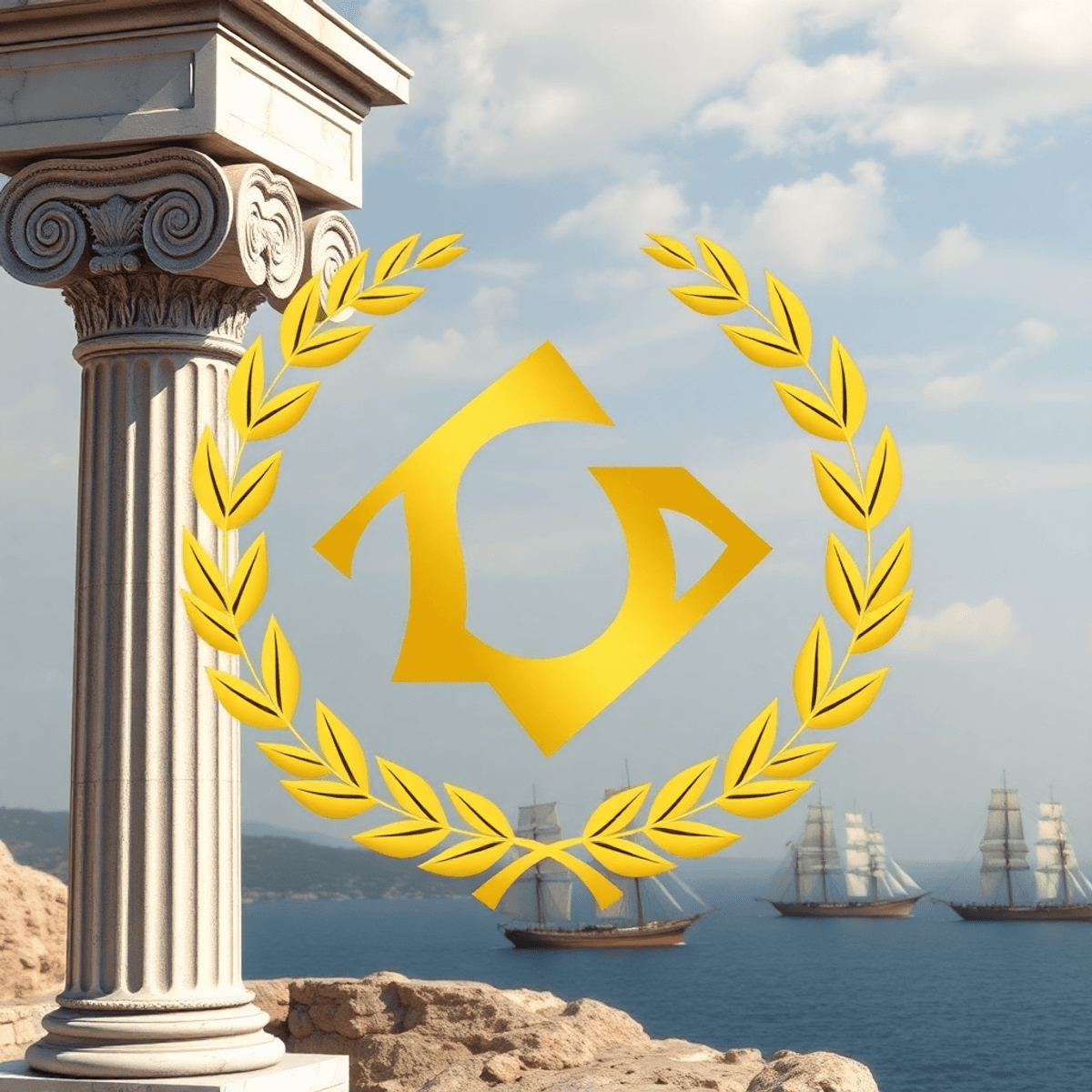 Marble column with golden laurel wreath and abstract shapes, set against a Mediterranean seascape with sailing ships, symbolizing ancient Greek oli...