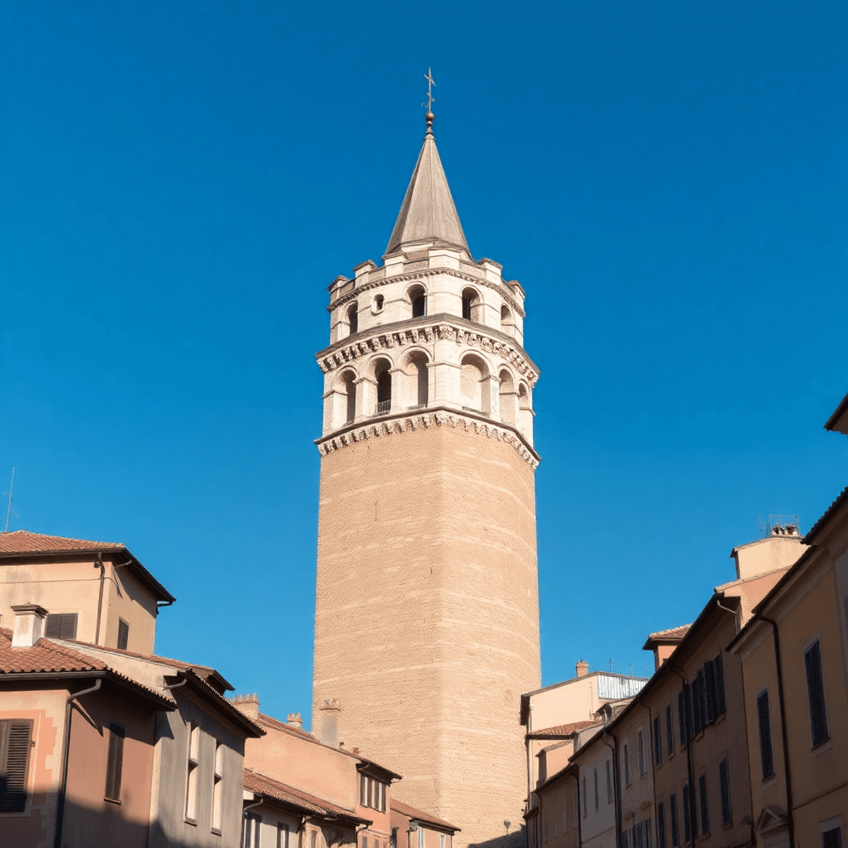Medieval stone tower rising above terracotta rooftops and narrow streets under a clear blue sky in a historic Italian cityscape.